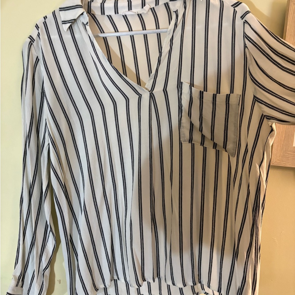 Lush Black and White Striped V-Neck Blouse